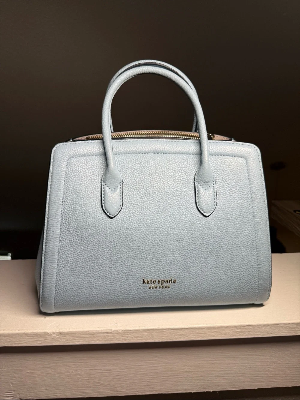 kate spade Pale Blue Pebbled Leather Satchel with Gold Logo